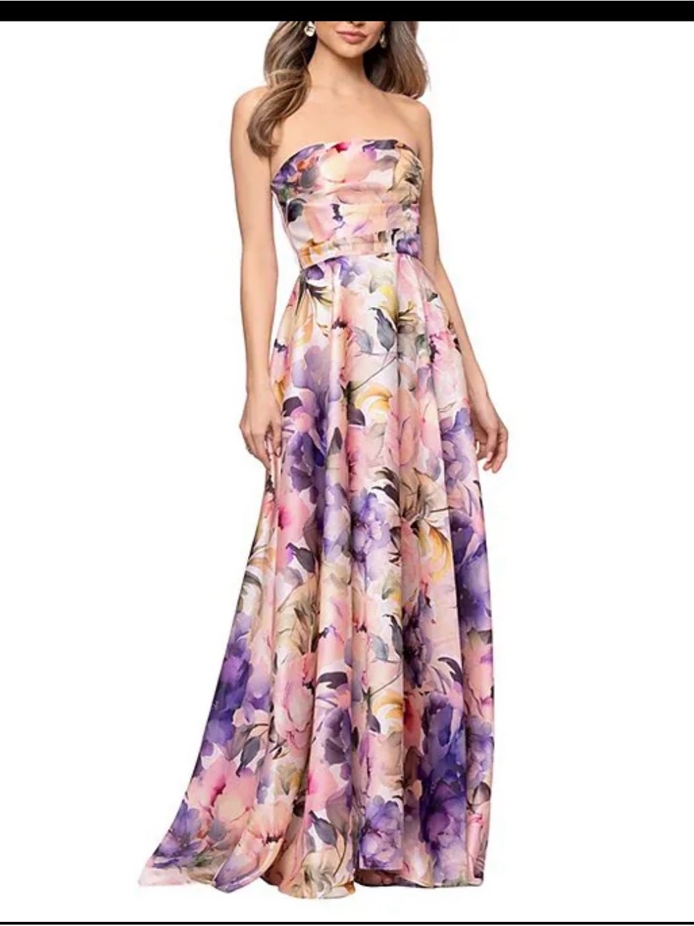 Betsy & Adam Strapless Floral Evening Gown in Pink and Purple